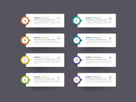Modern infographics business design with 8 option concepts, parts, steps or processes can be used for workflow layout, diagram, number options, web design infographic element vector