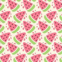 Seamless pattern with cute watermelon slices and seeds in bright colors. Playful summer fruit background for fabric, packaging, stationery, and seasonal design projects. vector