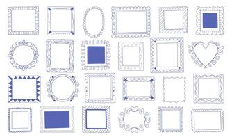 Collection of hand drawn decorative frames in blue color. Doodle sketch borders in various shapes and styles for design, template, scrapbook, packaging, or greeting card. vector