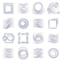 Set of abstract hand drawn frames and wavy line decorations in blue color. Minimal decorative elements for design, border, template, layout, packaging, or background. vector