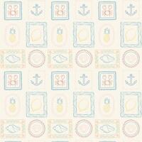 Seamless pattern with hand drawn summer elements like lemon, shell, crab, anchor, and pineapple in decorative frames. Nautical and tropical doodle design for fabric, wrapping, and wallpaper. vector