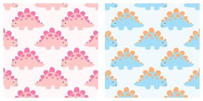 Seamless pattern set with cute cartoon dinosaurs in pink and blue color schemes. Perfect for baby textiles, nursery decor, wrapping paper, and kids' design projects. vector