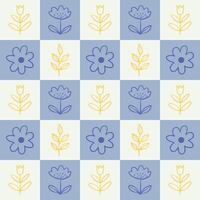 Seamless floral pattern with hand drawn doodle flowers and leaves in geometric checkered layout. Minimal flat style in pastel blue and yellow. Perfect for textiles, packaging, and stationery. vector