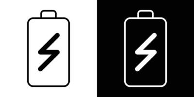 Battery icon with lightning bolt in black and white. Minimalist energy or power symbol suitable for electronics, apps, charging indicator vector