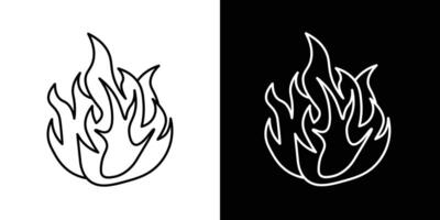 Flame icon in black and white. Minimalist fire symbol with sharp, curved lines, ideal for heat, burn, energy, warning, or camping-themed designs. Perfect for signage, app icons. vector