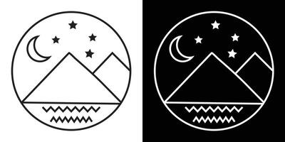 Minimalist Line Art Depicting Mountains, Moon, and Stars in Circular Design vector