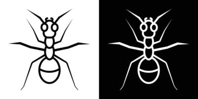 Ant icon in black and white. Simplified insect illustration with segmented body and six legs. Perfect for educational designs, pest control themes, minimal logos, or nature-related graphics. vector