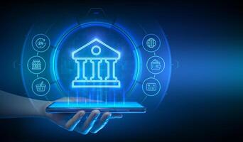 Banking service. Online banking app on a smartphone. Global internet connection for finance and banking. Financial transactions in online banking. Fintech API. Smartphone in hand. illustration vector
