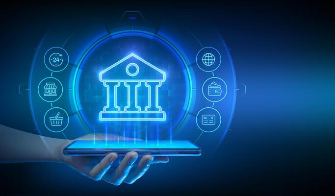 Banking service. Online banking app on a smartphone. Global internet connection for finance and banking. Financial transactions in online banking. Fintech API. Smartphone in hand. illustration