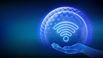 Wi-Fi network icon inside transparent protection sphere shield with hexagon pattern in wireframe hand. Secure Wi Fi wireless network connection. Cyber Security. Wifi Encryption. illustration. vector
