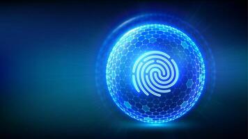Personal data protection. Biometrics identification. Cyber security. Password control. Fingerprint icon inside transparent sphere shield with hexagon pattern on blue background. vector