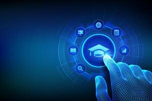 Education. Innovative online e-learning and internet technology concept. Webinar, knowledge, online training courses. Skill development. Wireframe hand touching digital interface. illustration. vector