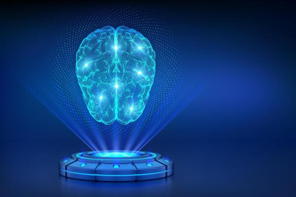 Digital brain. AI. Artificial intelligence technology concept. Holographic platform with glowing rays forming a projection of a digital brain. Neural network. Machine learning. illustration.
