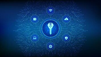 Digital key. Electronic key. Digital signature. Personal Data protection. Cyber security, password and access control. Background with circuit board connections and tech icons. Illustration. vector