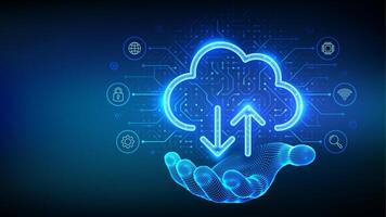 Cloud computing service. Cloud icon in wireframe hand. Secure Cloud Storage. Database storage, Data center. Upload download app. Circuit board pattern. PCB printed circuit texture, vector