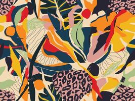 a colorful pattern with leopard print and tropical plants vector