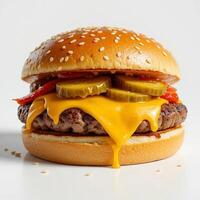 Delicious Burger with Melting Cheese and Pickles on White Background photo