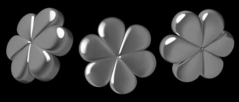 Abstract chrome 3d daisy flowers y2k design elements on black background vector