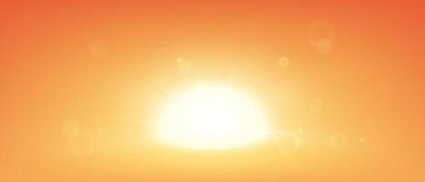 Sunset on red sky background with realistic sun lens flare light effect vector