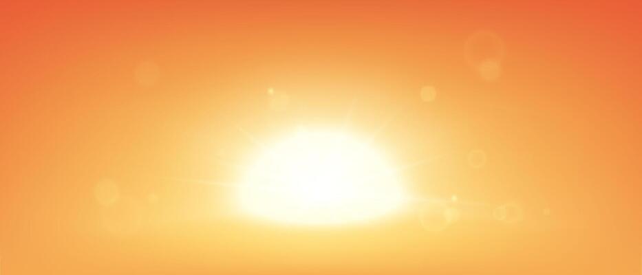 Sunset on red sky background with realistic sun lens flare light effect