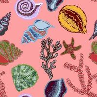 seashells and corals on a pink background vector