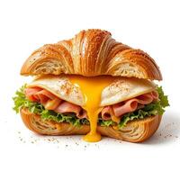 Making Croissant Sandwich with Egg, Meat, and Lettuce on White photo