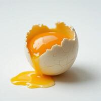 Cracked Egg with Bright Yolk Flowing Out on White Background photo