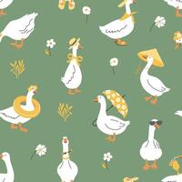 Cute geese seamless pattern on green background. Goose character illustration. Funny white ducks in summer style. vector