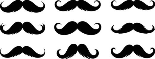 Simple, black and white silhouettes of nine different mustache styles. vector