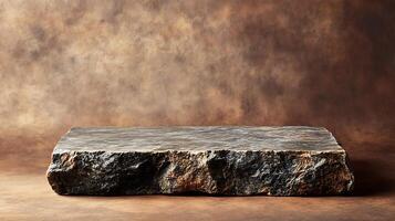 Rustic stone slab display platform against a textured backdrop. photo