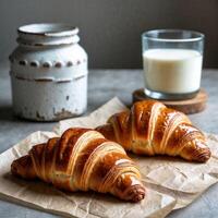 Freshly baked golden croissants on a rustic table with milk. Soft natural lighting and textured background photo