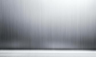 Brushed steel metallic texture background perspective. Vertical lines pattern on shiny grey metal surface receding, modern industrial design. photo