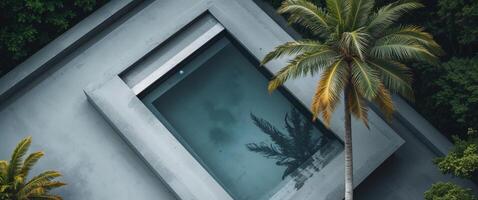 Aerial View Of Rectangular Pool And Palm Tree. photo