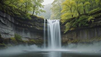 A beautiful cascading waterfall flowing over rocky cliffs surrounded by trees photo
