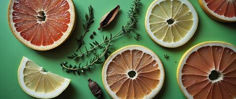 Grapefruit Lemon Slices Herbs And Spices On Green Background. photo