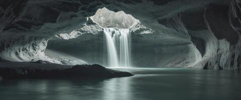 A waterfall is seen in a cave with water flowing out of it photo