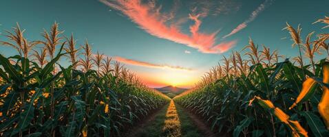 Corn field at sunset with clouds and sky photo