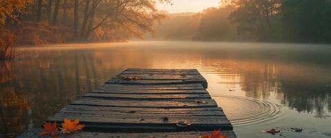 A wooden dock in the middle of a lake with leaves on it photo