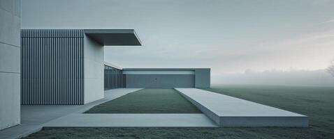 A modern concrete house with a foggy background photo