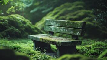 A bench in the middle of a green forest photo