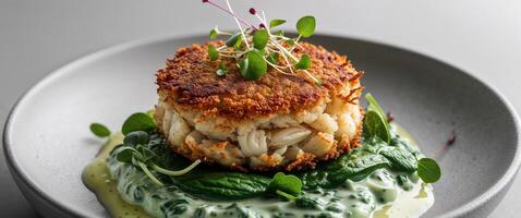 Delicious Crispy Crab Cake with Creamy Spinach and Herb Garnish. photo