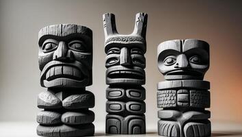 Three stacks of varied totem carvings display ancient cultural influence photo
