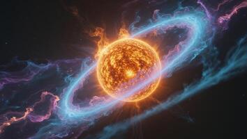 Fiery celestial body emitting intense light and heat surrounded by swirling nebula of energy and plasma photo