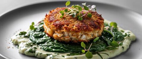 A crab cake is served on a plate with spinach photo