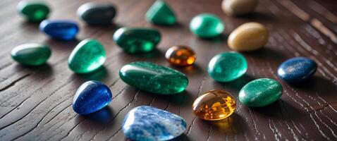 A group of colorful stones on a wooden table photo