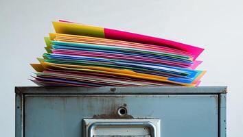 A stack of colorful papers on top of a metal filing cabinet photo