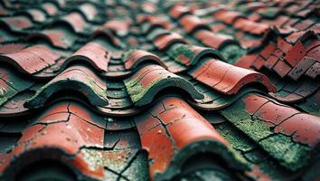 A close up of a red roof with moss on it photo