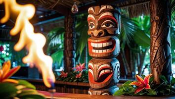 A tiki bar with a fire and a tiki mask photo
