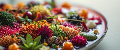A bowl filled with colorful flowers and vegetables photo