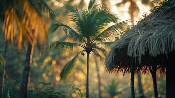 A thatched hut with palm trees in the background photo